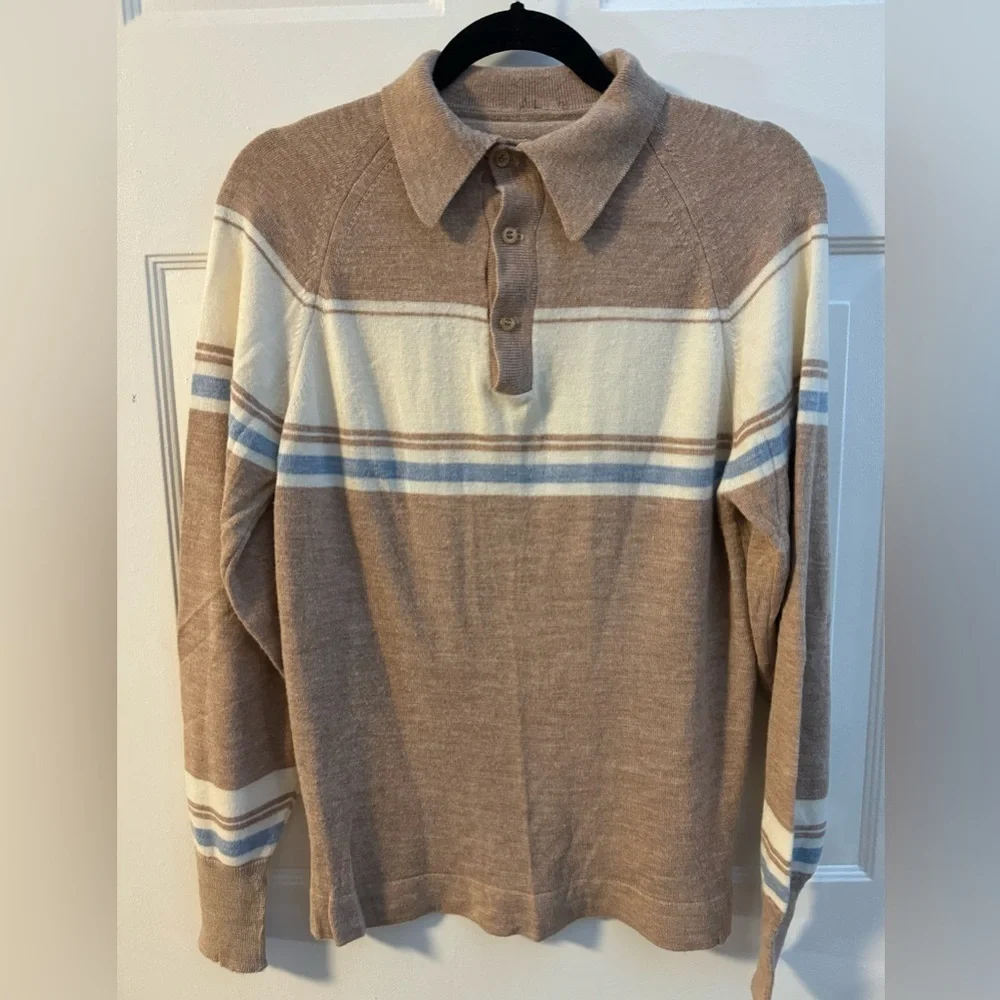 Vintage 70s Men's Long Sleeve Striped Neutral Polo Button Up Shirt Knit Preppy